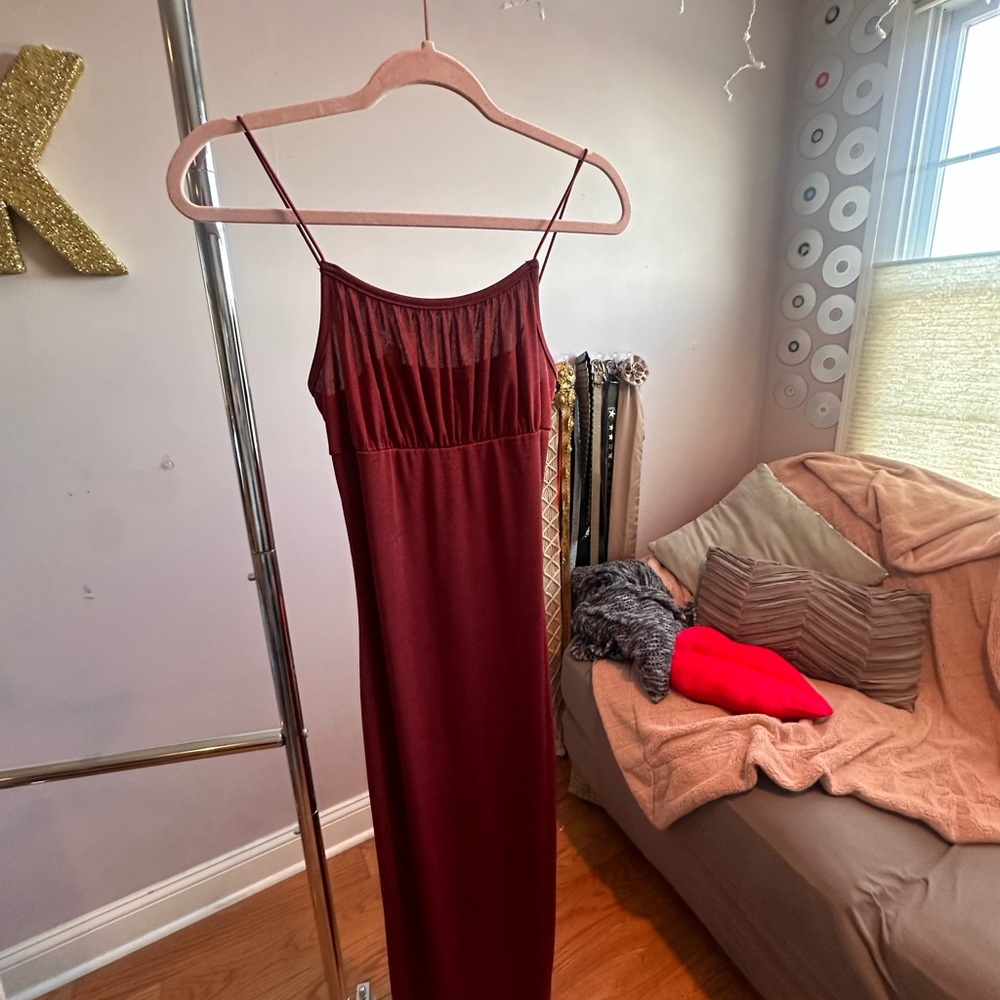 Ultra Flirt Red Ruched Maxi Slip Dress with Spaghetti Straps